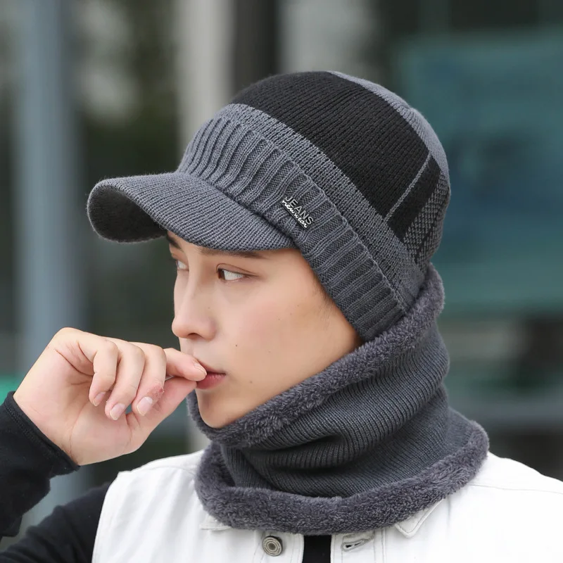 

Winter Cap Scarf Set Beanies Warm Wool Jacquard Knitted Hats for Men Women Outdoor Cold-proof Ski Cycling Plus Fleece Caps