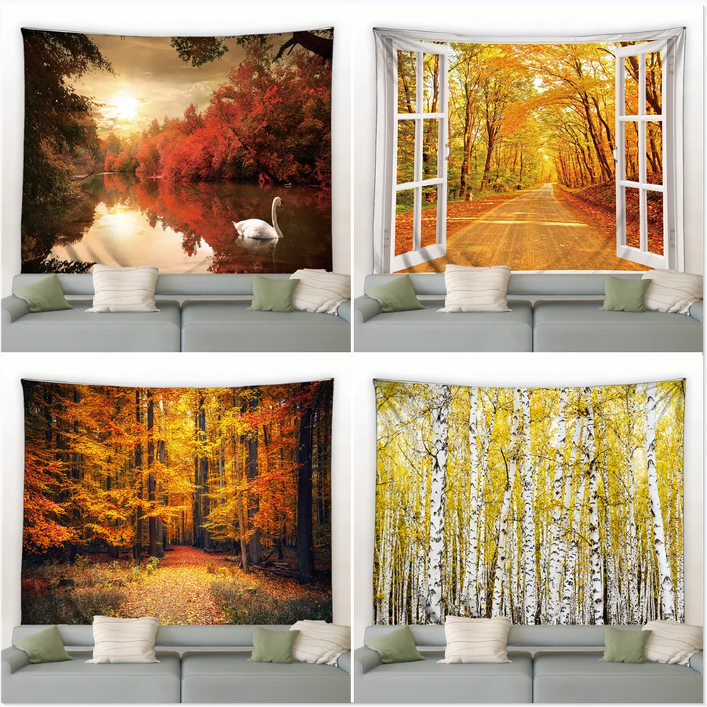 

Beautiful landscape sunny boho wall tapestry hippie bedroom background blanket autumn forest orange tapestry tapiz