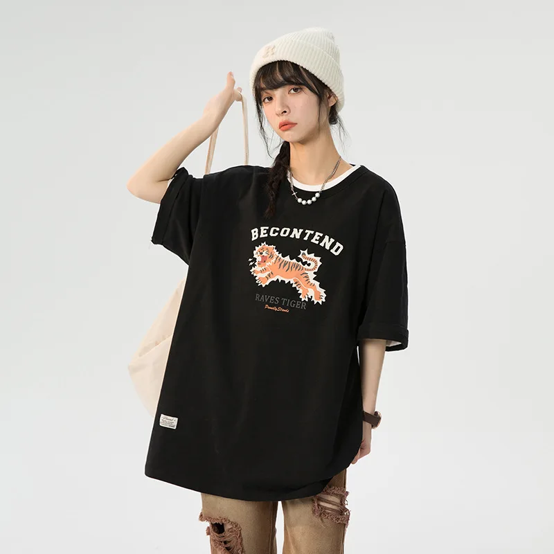 

Korean Women's Year of The Tiger Element Tide T-shirt 2022 Summer New American Printed Couple Short Sleeve T-shirt Q