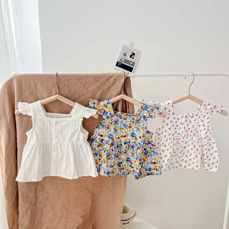 

HoneyCherry Baby Girl Floral Flying Sleeve Baby Shirt Summer New Girl Solid Color Fashion Shirt Kids Clothing