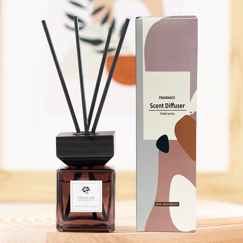 

100ml Square Bottle with Black Wood Lid No Fire Aromatherapy , Aroma Scented Fragrance Reed Diffuser with Rattan/Fiber Sticks