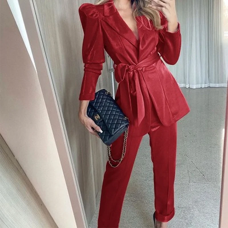 

Women's New Fashion Solid Color Fashion Leather Waist Two-piece Casual Coat Women's Suit Jacket Elegant Work Clothes Suit Jacket