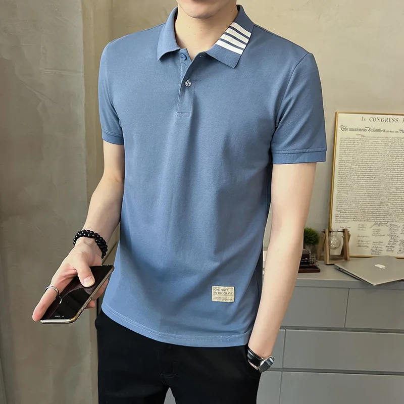

Shopkeeper Style Men's Simple T-shirt Trendy Men's Lapel Striped Embroidered T-shirt Polo Shirt Slim Handsome Half Sleeve T-shir