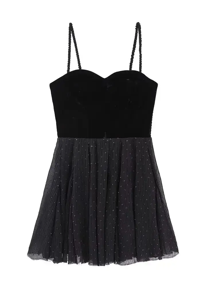 

XNWMNZ Women Fashion Tulle Velvet Dress Woman V-Neck Slim Shoulder Belt Slim Fit Female Chic Party Mini Dresses