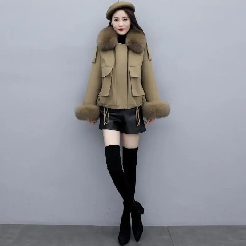 Winter New Women Parka Down Jacket Fashion Design Casual Loose Plus Velvet Warm Fur Collar Short Coats Elegant Female Clothing