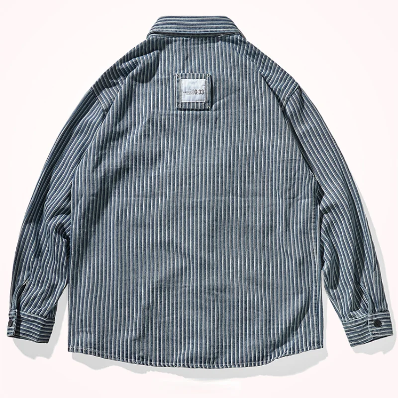 

denim long sleeve shirt Striped men's loose tide brand plus size casual shirt retro tooling coat