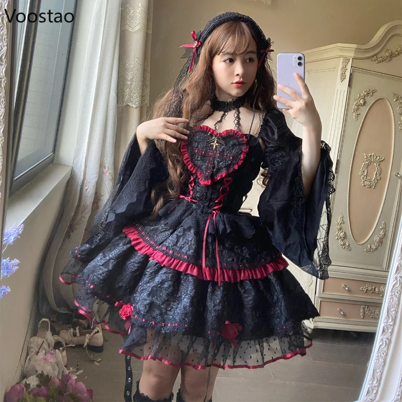 Japanese Victorian Gothic Lolita Dress Vintage Sweet Witch Vampire Punk Y2k Festival Party Dresses Halloween Women Dark Dress