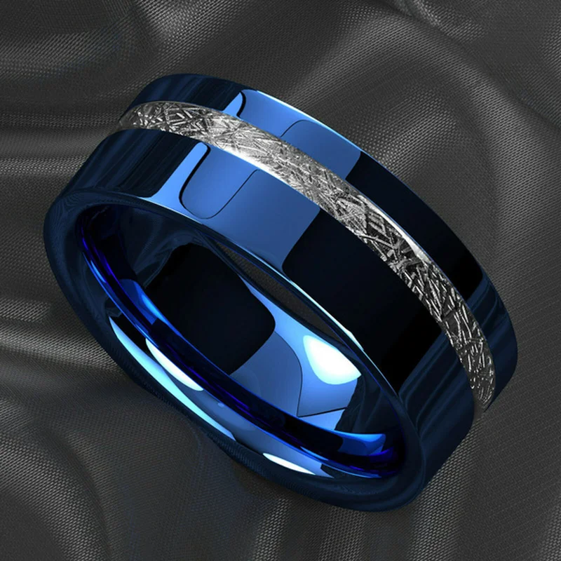 

Изысканная мода 8 мм синее полированное кольцо из нержавеющей стали для мужчин с инкрустацией по центру метеорит унисекс обручальное кольц...