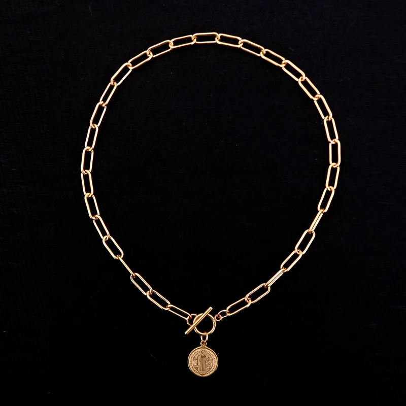 

Stainless Steel San Benito Necklace For Women Men Metal Gold St Benedict Medal Pendant Necklaces Choker Toggle Clasp Necklace