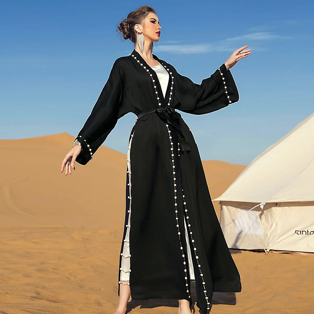 Woman Arabian Abaya With Belt Bead Dubai Kaftan Traditional Eid Mubarak Black Saudi Arabia Muslim Femme Islamic Dresses Turkey