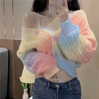 ledp ladies harajuku chic jumpers tender female tops tie dye panelled cardigan women autumn cropped sweater thermal outerwear