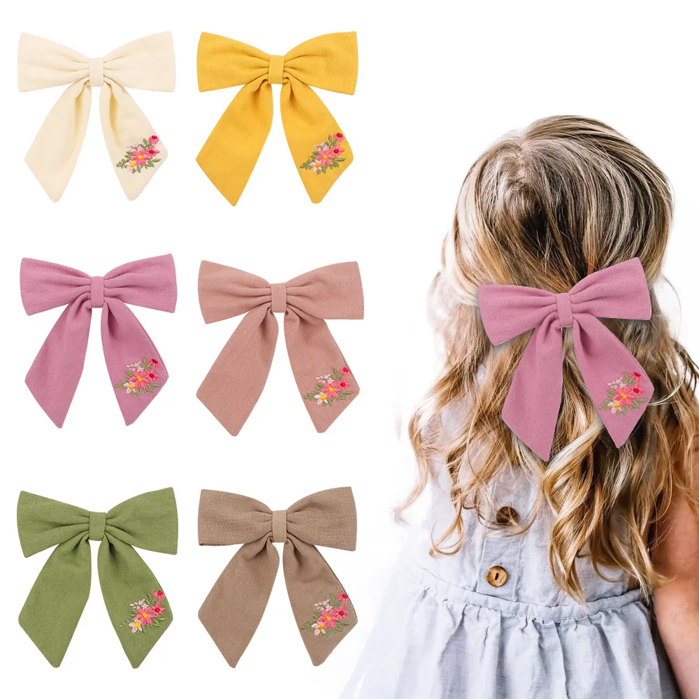 

6Pcs handmade fabric bow hairpin plain cotton and linen bow side clip embroidered flower hairpin