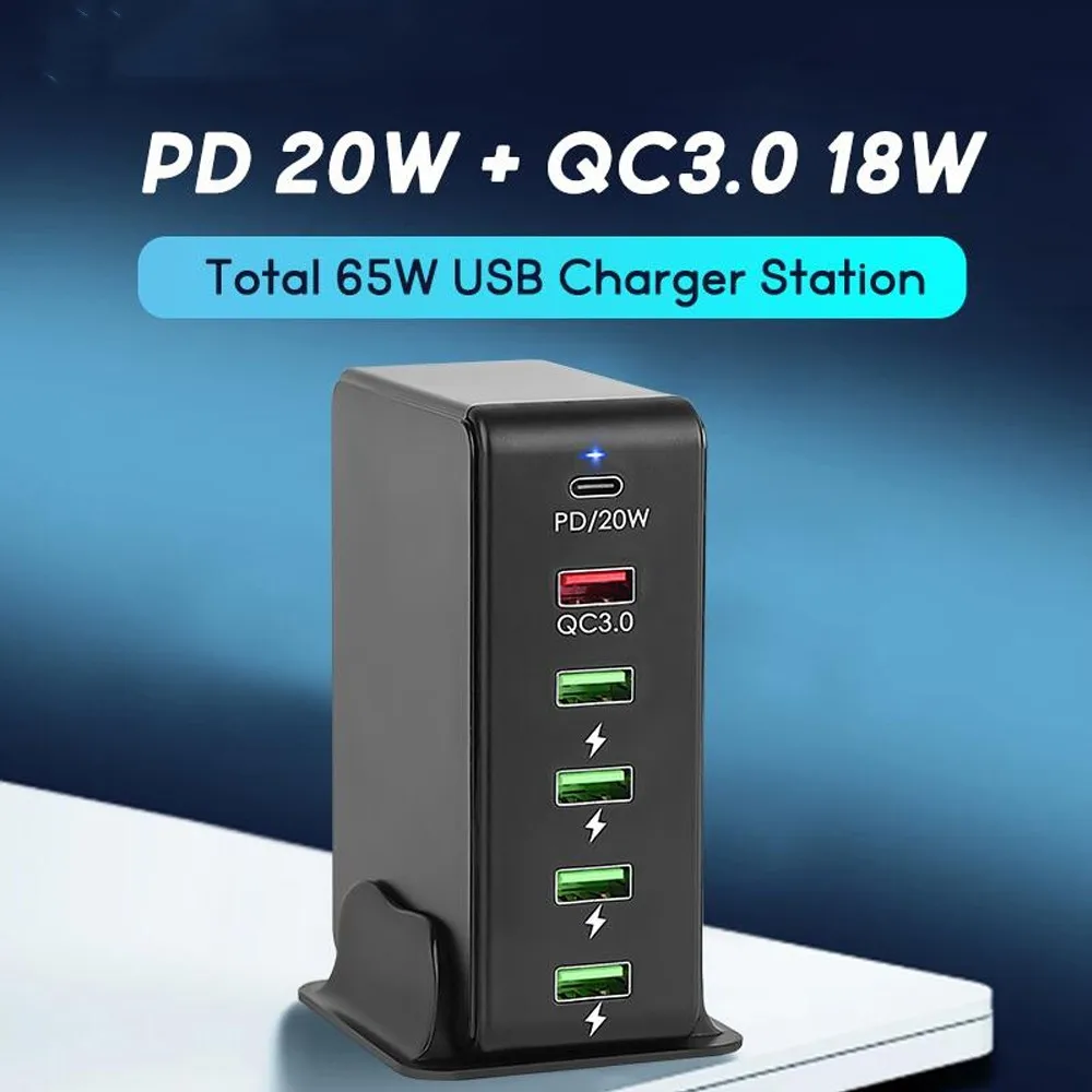 

65W USB Charger 6 Ports Desktop Charging Station Phone Charger For iPhone 14 13 Samsung Huawei QC3.0 PD 20W USB C Fast Charger