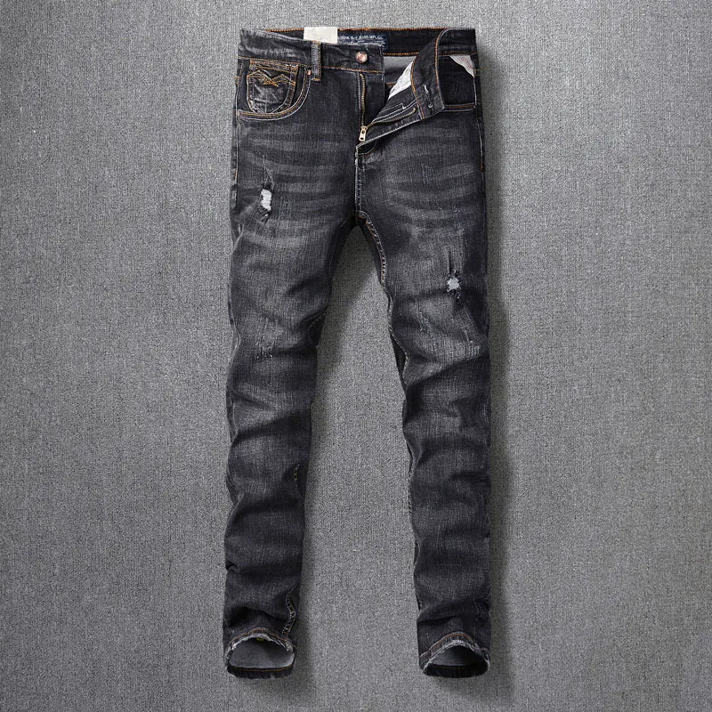 Fashion Designer Men Jeans Retro Black Gray Elastic Slim Fit Ripped Jeans Men Trendy Trousers Vintage Stretch Denim Pants Hombre