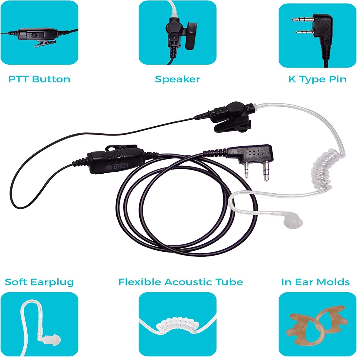 Premium Noise Cancelling Earpiece with In-line PTT & Microphone with Clear Acoustic Coil Tube for BaoFeng, BTECH, Kenwood Radios
