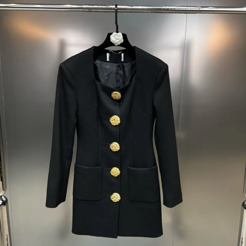 

PREPOMP 2023 Spring New Arrival Long Sleeve Square Collar Golden Metal Buttons Black Blazer Coat Women GH153