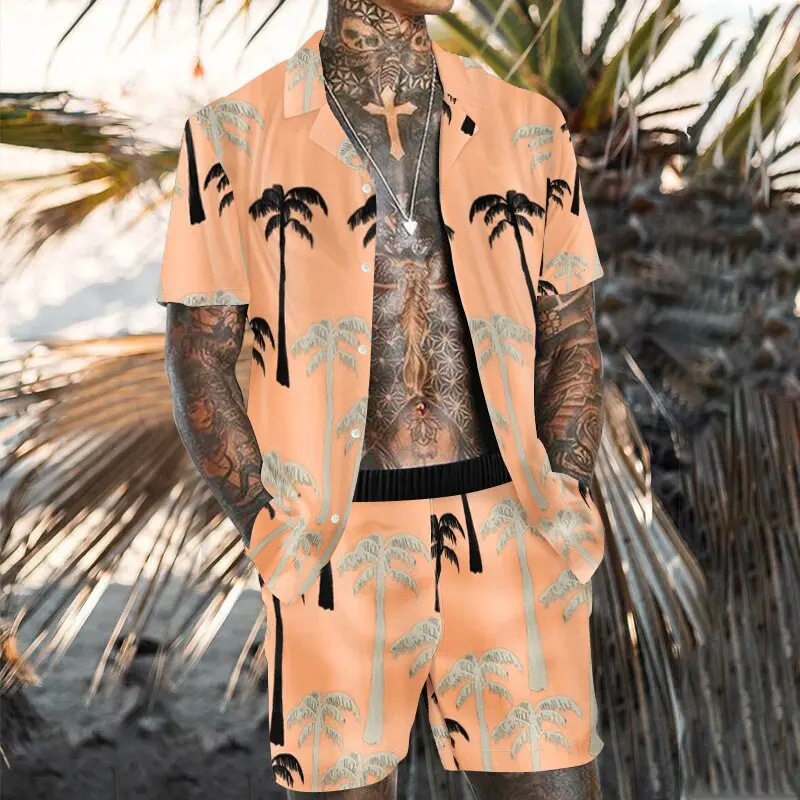 

2022 Summer Men's Hawaiian Printed Shirt Suit Streetwear Short Sleeve Shirt and Beach Shorts 4XL Quick Dry 2 Piece Men's Set