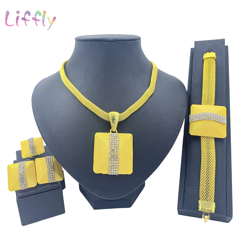 

African Gold Jewelry Set for Women 24k Dubai African Bridal Jewelry Set Wedding - Crystal Embellished Necklace Bracelet Earrings