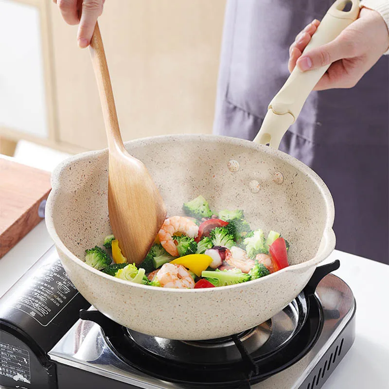 

Thick Bottom Maifan Stone Wok Non-Stick Pans Frying Pan with Lid Household Wok Cooking Induction Cooker Utensils for Kitchen