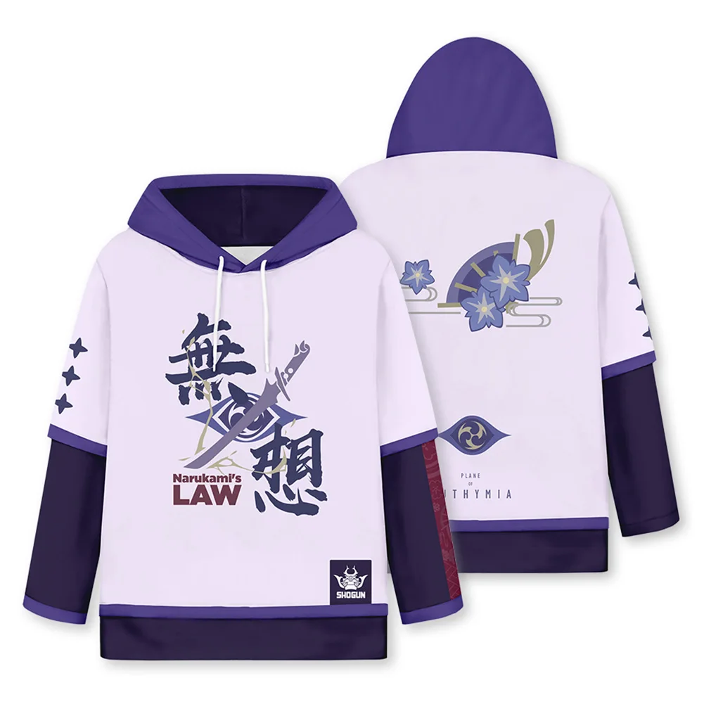 

Genshin Impact Raiden Shogun Musou Shinsetsu Cosplay Hoodie Fake Two-Pieces Casual 3D Printed Hooded Sweatshirt Pullover