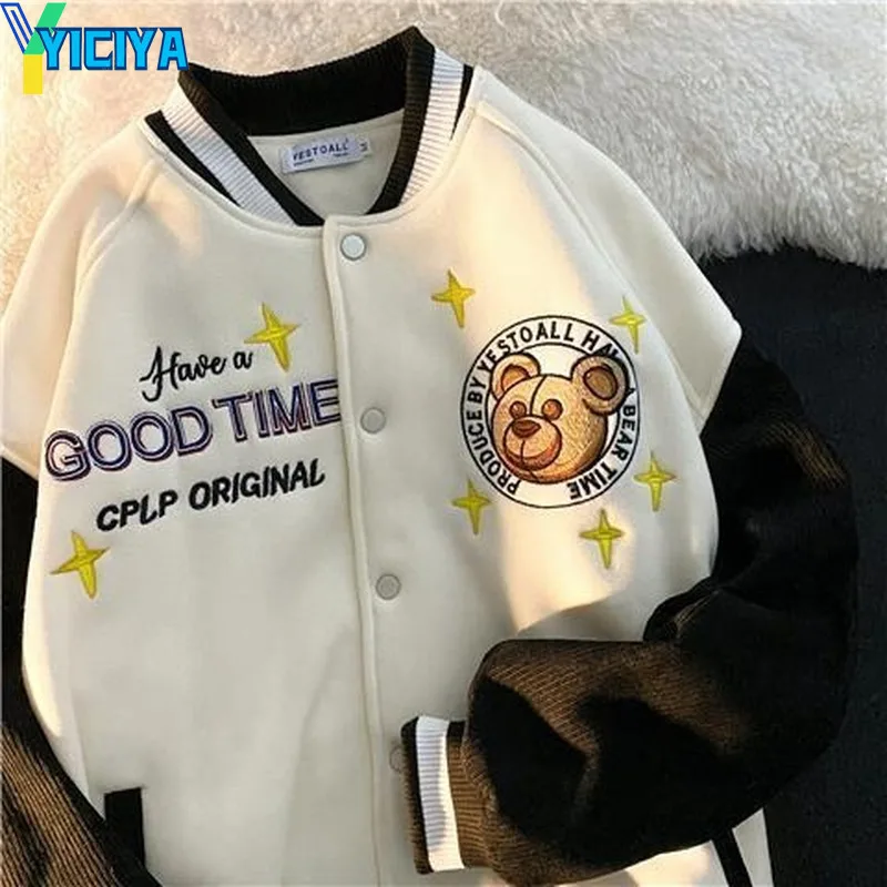 

YICIYA Women's Jacket Spring Panelled black Stand-collar Embroidered Bear Tops Baseball Uniform Oversized Casual Fashion Coat