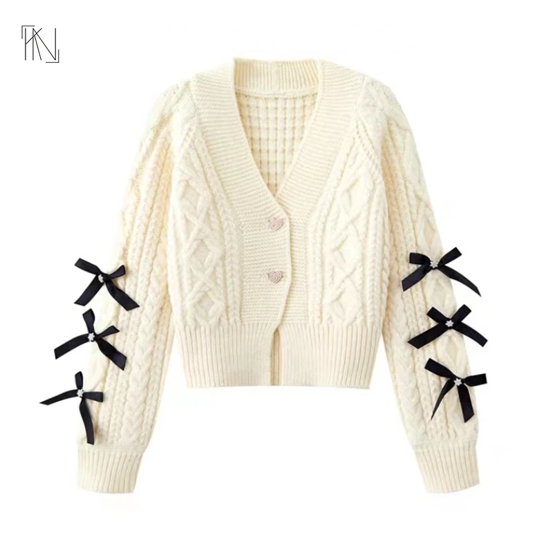 Long-sleeved Knitted Thick Cardigan with Bow Decoration 2022 Autumn New Women French Love Pearl Single-row Button Loose Sweater