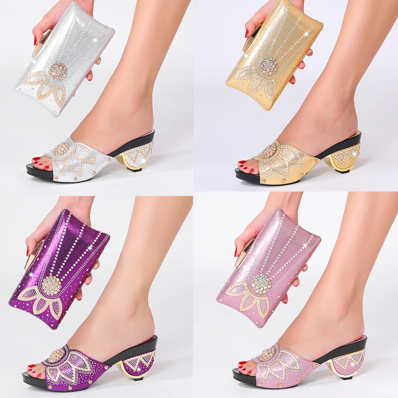 Wedding Women Shoe Bag Set Crystal Decorated Italian Design Wholesale Diamond Embellished Summer Plus Size Party Fashion Slipper