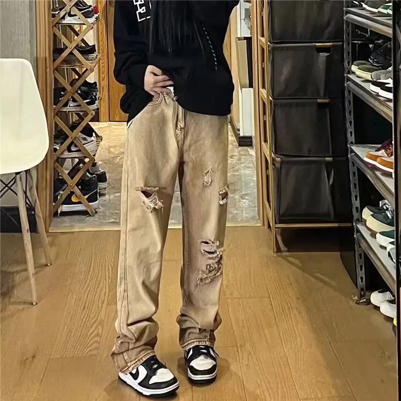 

European and American high street ripped jeans summer old washed Hong Kong style ins tide brand retro straight trousers