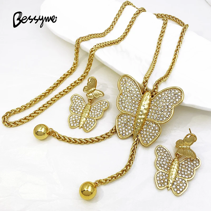

Sweater Long Chain Necklace Earring Set Elegant Butterfly Pendant Jewelry For Women Adjustable Length Wedding Party Accessories