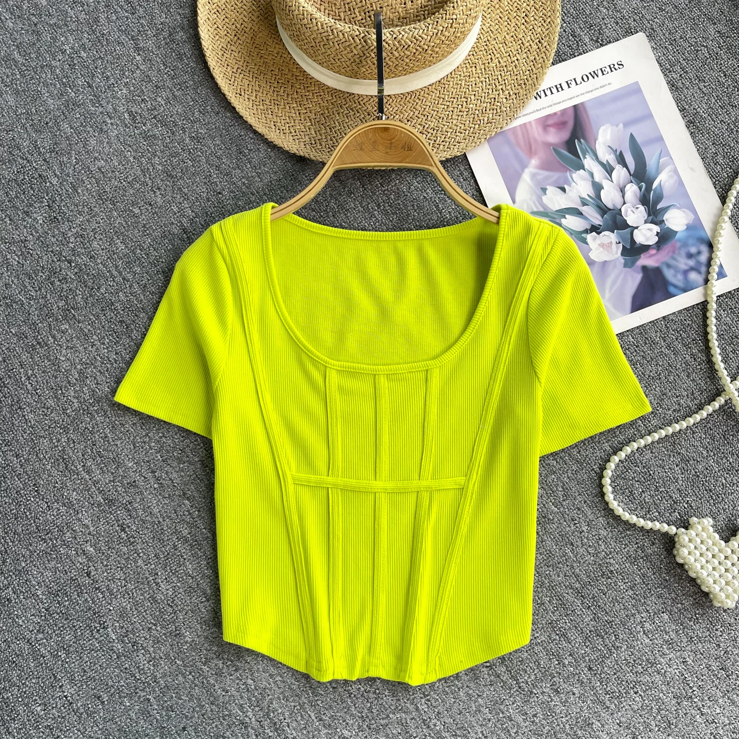 Женская Асимметричная футболка с квадратным вырезом облегающая привлекательная