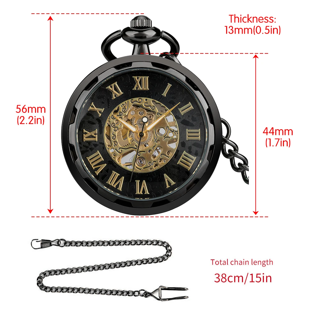 Vintage Hand-Wind Mechanical Pocket Watch Skeleton Roman Numeral Dial Black/Bronze/Silver Pendant Clock for Men Retirement Gifts
