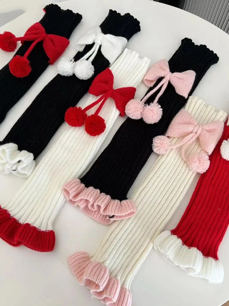 

Japanese Kawaii Leg Bow Woman Patchwork Cute Knitted Warmers Lolita Casual Streetwear Vintage Y2K Over Knee Slouch Calf Socks