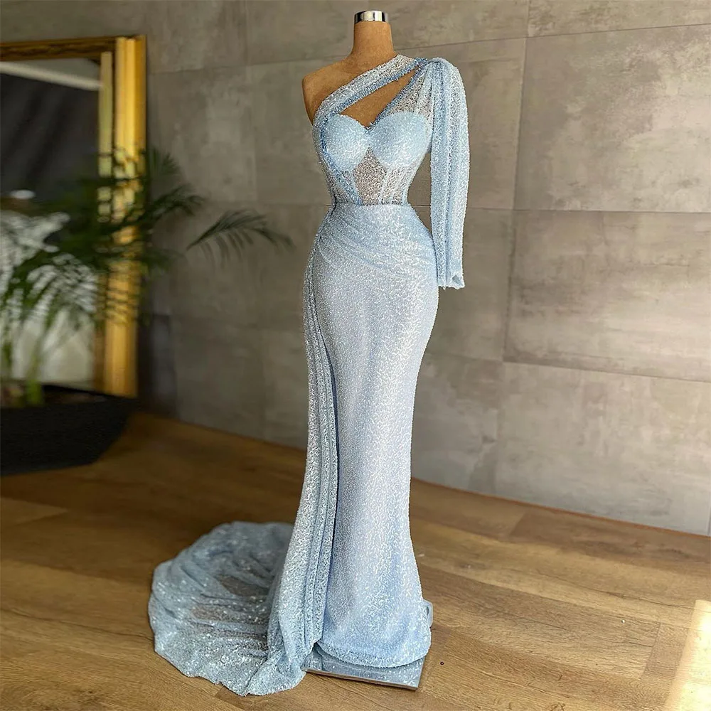 

2023 New Style Sparkly Sequined Mermaid Evening Dresses One Shoulder Long Sleeve Dubai Women Long Prom Pleat Formal Party Gowns