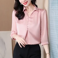 acetate satin women clothing 2022 office lady v neck korean fashion shirts pink color three quarter sleeve blouses for work
