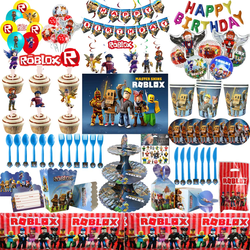 

Robloxen Game Theme Boy Birthday Party Decoration Disposable Tableware Paper cup Napkins Toys Balloons For Kild's Party Supplies