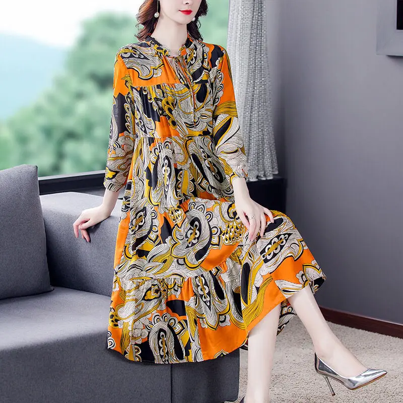 Spring Floral Printing Chiffon Dress Women Fashion Dress Mid Calf 2023 Autumn Korean Elegant Casual Loose Dresses for Women K45