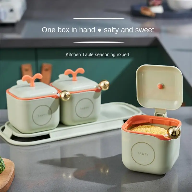 

Seasoning Box With Spoon Spice Jar 3 In 1 Multi Compartment Salt Pepper Spice Jars Pots Kitchen Accessories Condiment Container