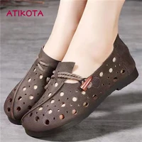 atikota retro women flat sandals breathable hollow out pu leather soft female outdoors casual shoes 2022 new sandalias de mujer