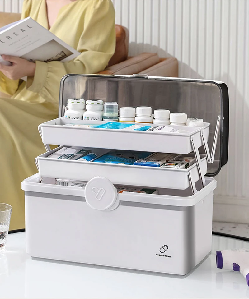 

Трехуровневый Органайзер большой емкости для семейной медицины, портативный контейнер для первой помощи, Аптечная коробка для таблеток