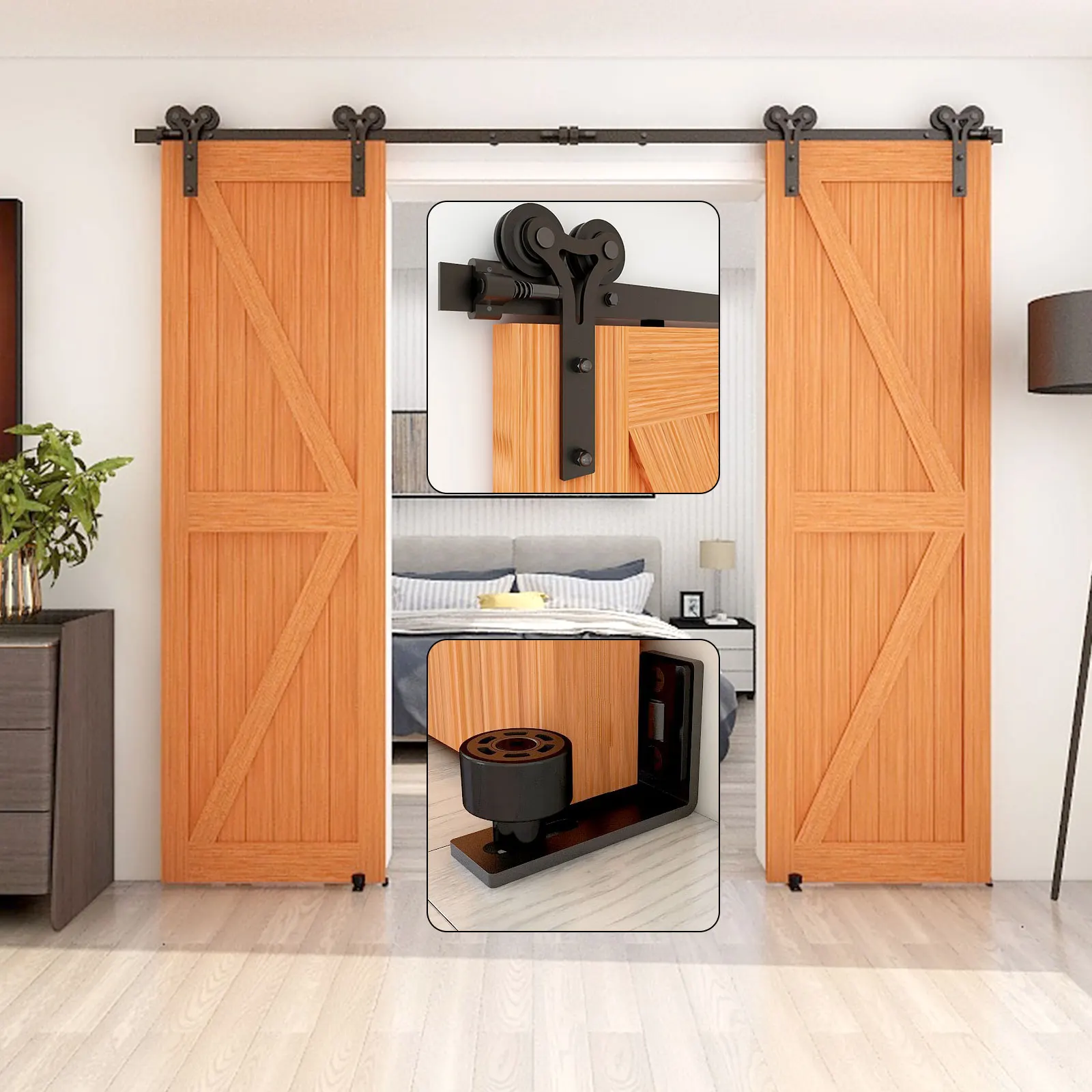 

Sliding Barn Door Hardware Kit Heavy Duty Smoothly and Quietly Easy to Install Fit Double Door Panel Y Type Roller Hangers Black