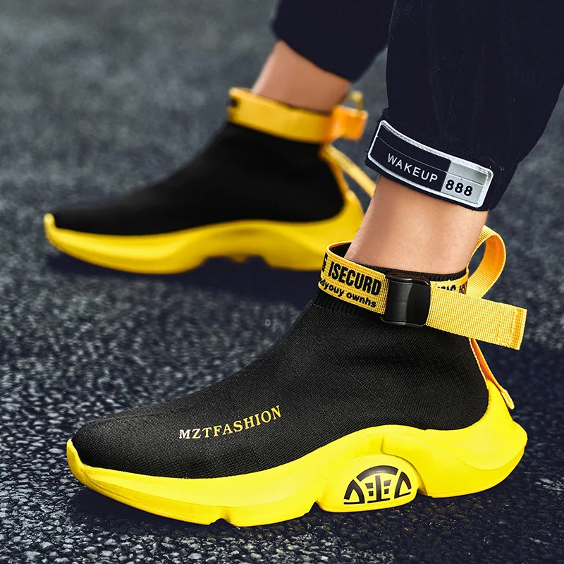 Spring Design Mesh Yellow Sock Shoes for Male Lightweight Breathable Men's Running Shoes Slip-on Letter Platform Sneakers Men