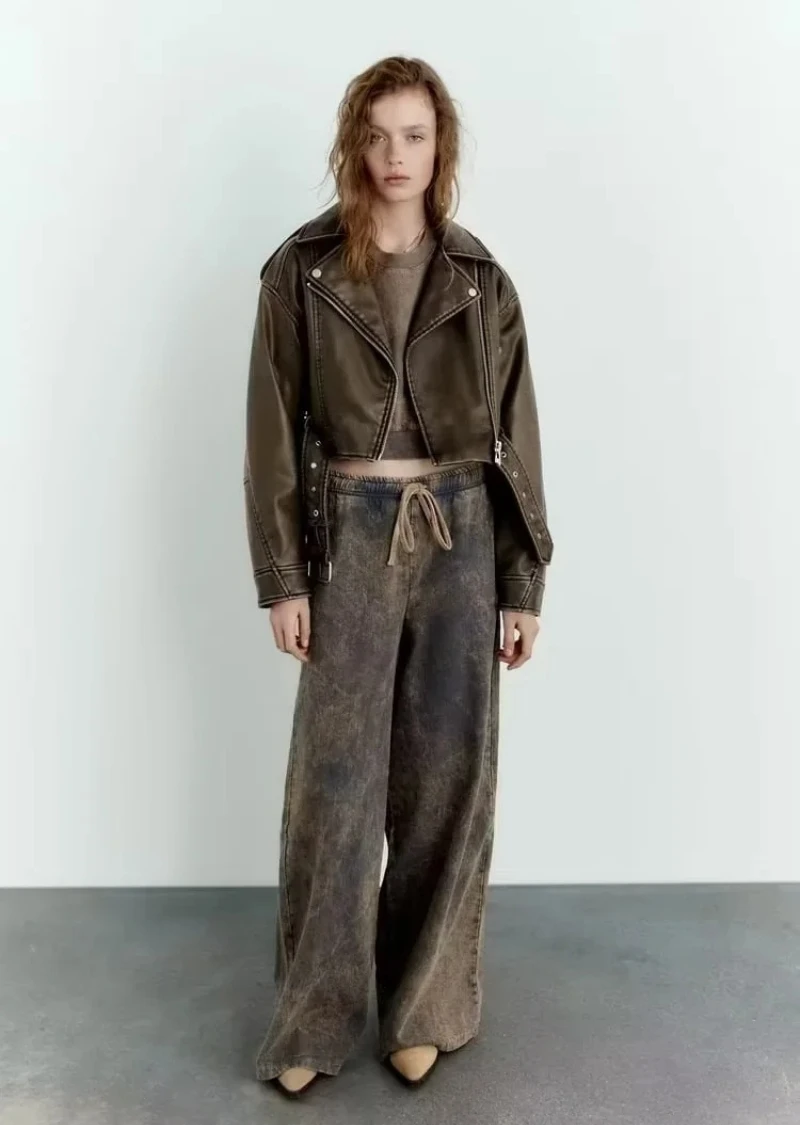 DEARIRIS Women's Punk Street Style Gradient Leather Jacket Short Coat