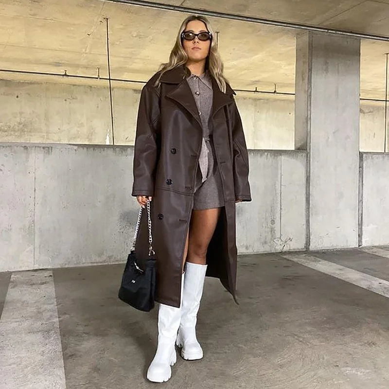 Women's Autumn/winter Brown PU Jacket Female Trend Long Windbreaker Lapel Stitching Pocket Solid Color Single-breasted Jacket