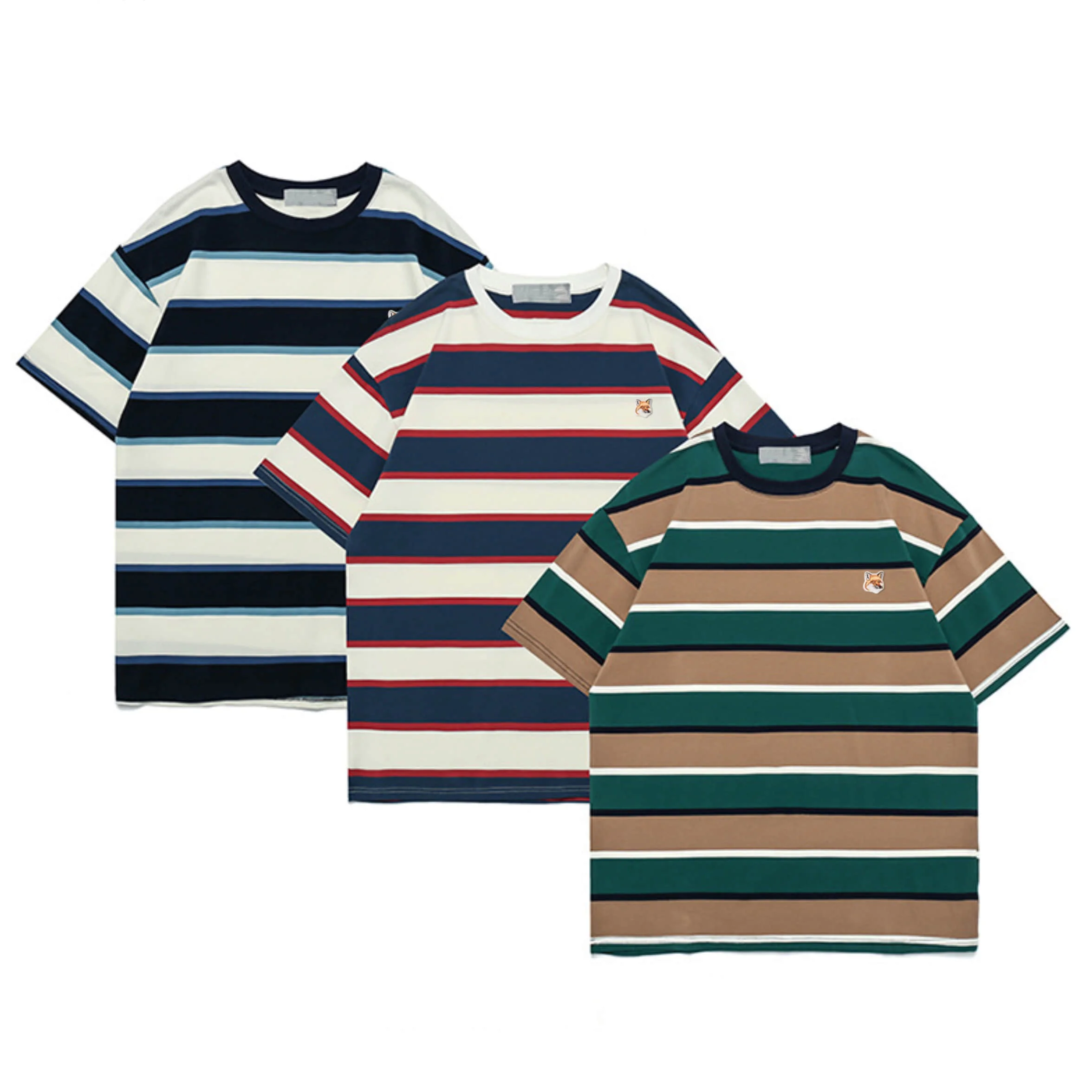 

Mens Luxury Brand Maison Fox Emb Stripe Cotton Jersey T-Shirt Male Short Sleeve Street Fashion Loose Hip-hop Casual Tops Tee