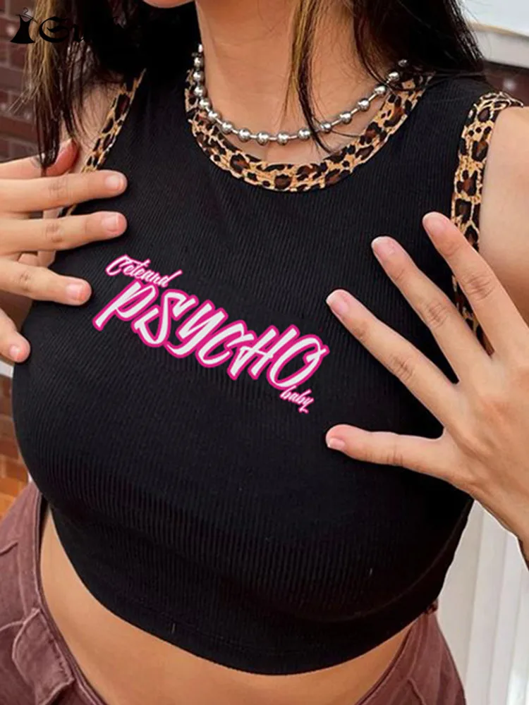 

SUCHCUTE Gothic Leopard Trim Crop Tops For Women Aesthetic Casual Grunge Fairycore Camis Dark Academic Summer Streetwear Vest