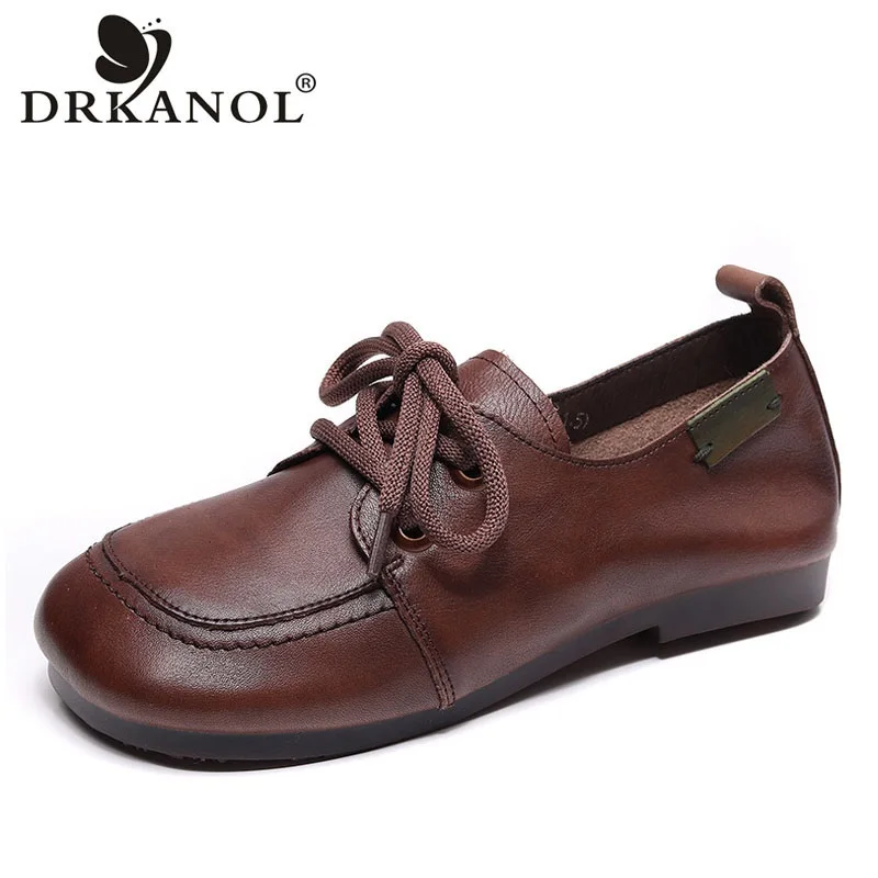 

DRKANOL Fashion Shallow Women Flat Shoes Genuine Leather Lace-up Soft Sole Low Top Handmade Retro Casual Shoes Female H22388F