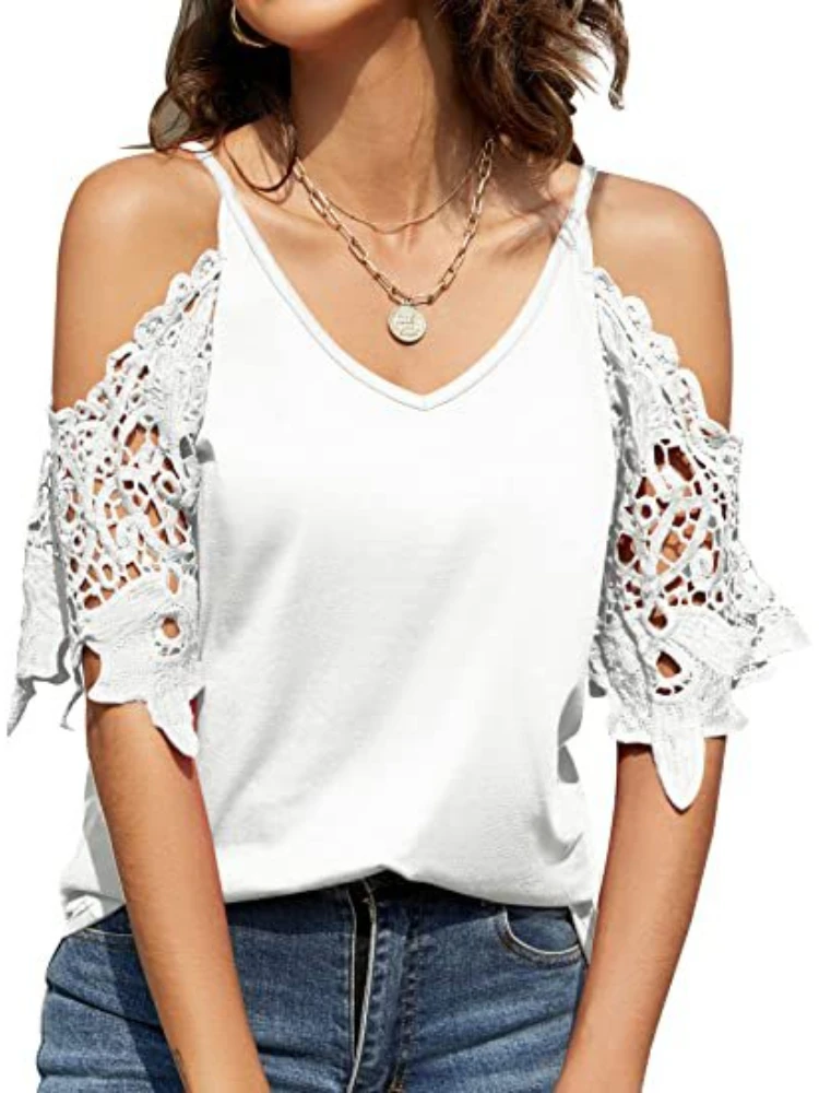

Fashion 2022Summer New Women's Clothes Hollow Lace Sleeves V-Neck Solid Color Sling Casual T-Shirts Women's Tops Loose Pullovers