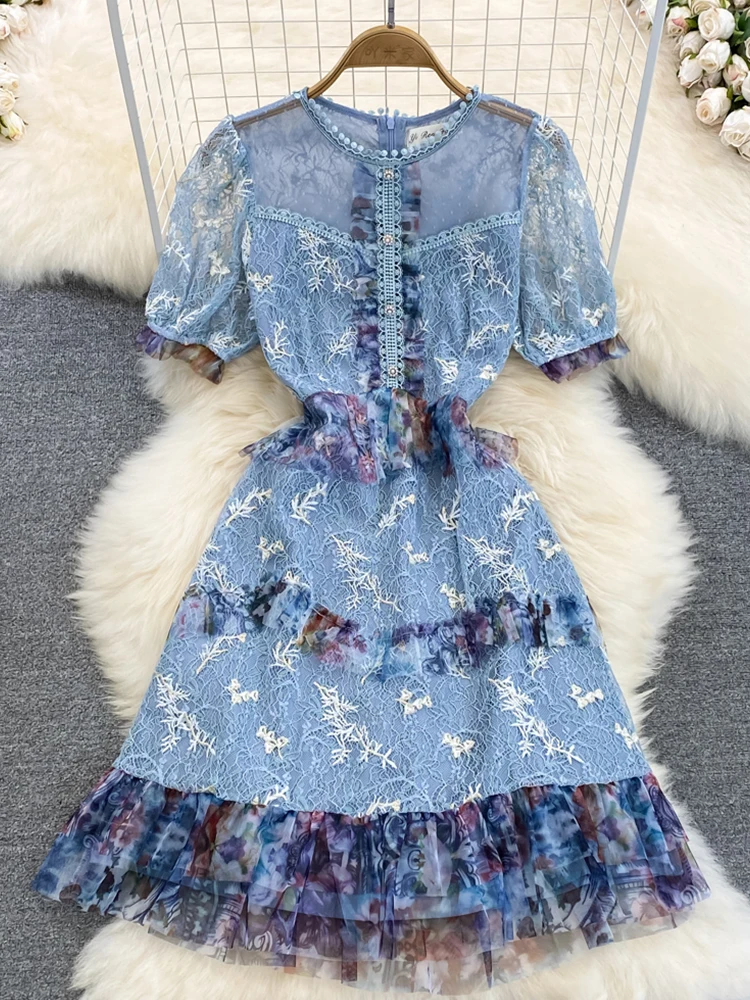 

FMFSSOM Summer Vintage O-Neck Bubble Sleeve A-Line Ruffle Lace Dress Elegant Casual Single Breasted Short Sleeved Dresses