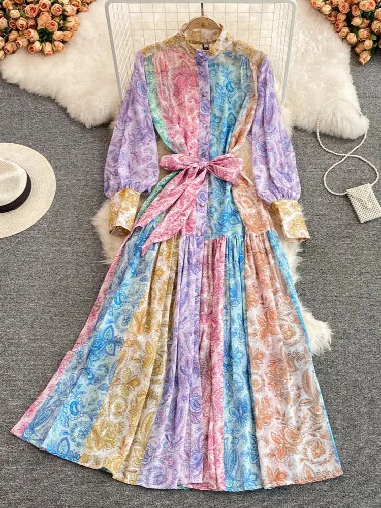 

Женское длинное платье с бантом на поясе, модельное элегантное праздничное платье с рукавами-фонариками и цветочным принтом, весна 2019