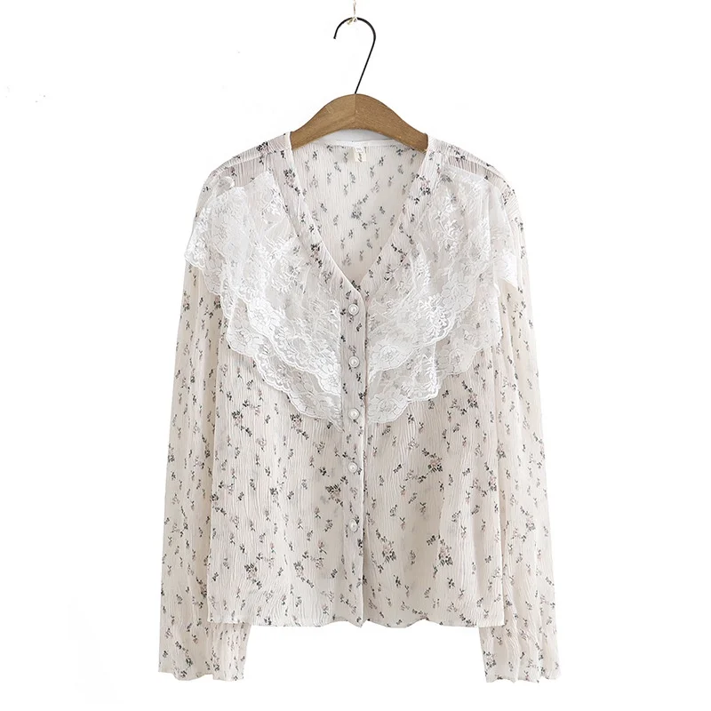

Plus Size Women's V-neck Floral Printed Spring Autumn Blouses Ladies' Office-wear Elegant White Tops